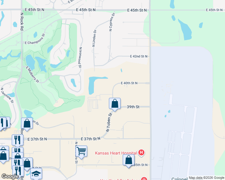 map of restaurants, bars, coffee shops, grocery stores, and more near 9001 E 42nd St N in Wichita
