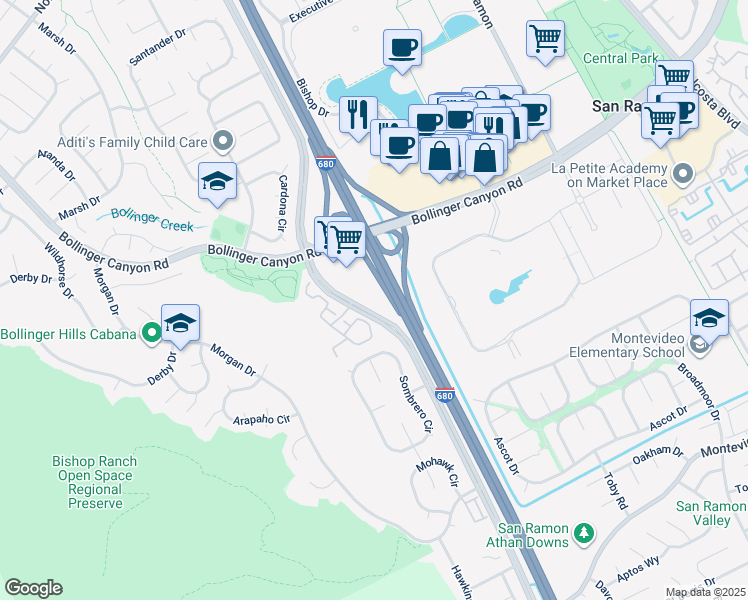 map of restaurants, bars, coffee shops, grocery stores, and more near 18090 San Ramon Valley Boulevard in San Ramon