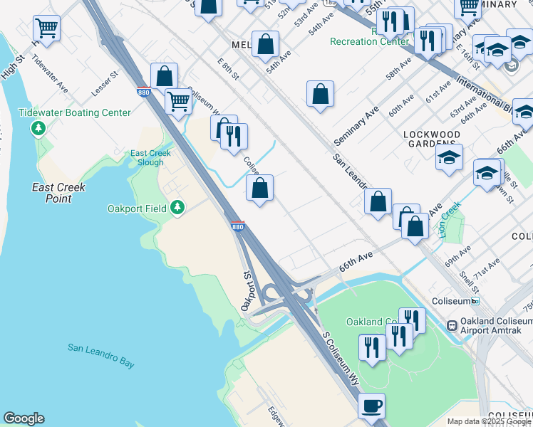 map of restaurants, bars, coffee shops, grocery stores, and more near 6161 Coliseum Way in Oakland