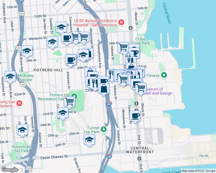 map of restaurants, bars, coffee shops, grocery stores, and more near 1150 22nd Street in San Francisco