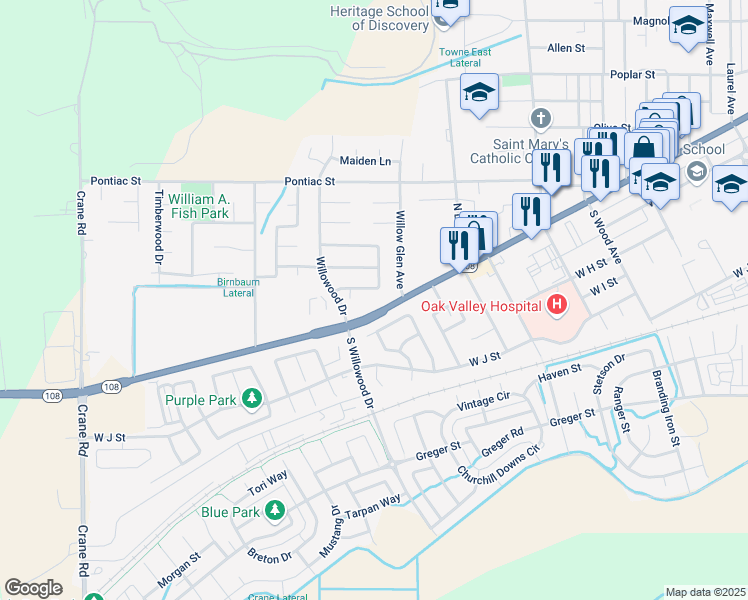 map of restaurants, bars, coffee shops, grocery stores, and more near 1935 Ponderosa Drive in Oakdale