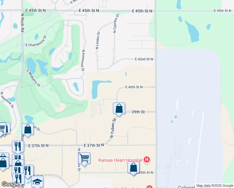 map of restaurants, bars, coffee shops, grocery stores, and more near 9001 E 42nd St N in Wichita