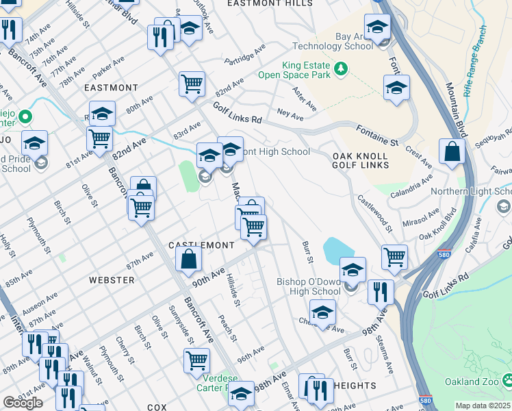 map of restaurants, bars, coffee shops, grocery stores, and more near 8727 Thermal Street in Oakland