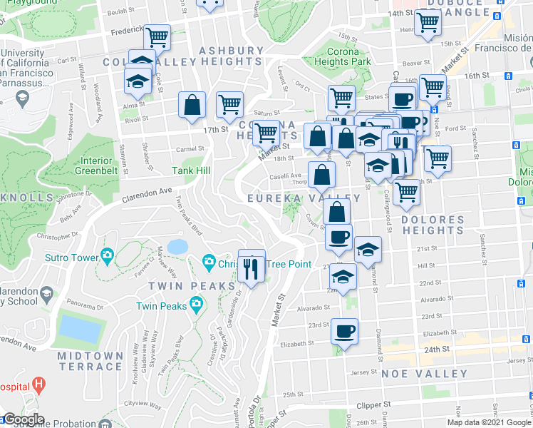 map of restaurants, bars, coffee shops, grocery stores, and more near Market St & Short St in San Francisco