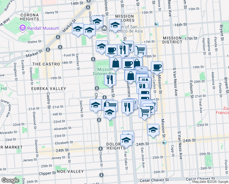 map of restaurants, bars, coffee shops, grocery stores, and more near 735 Dolores Street in San Francisco