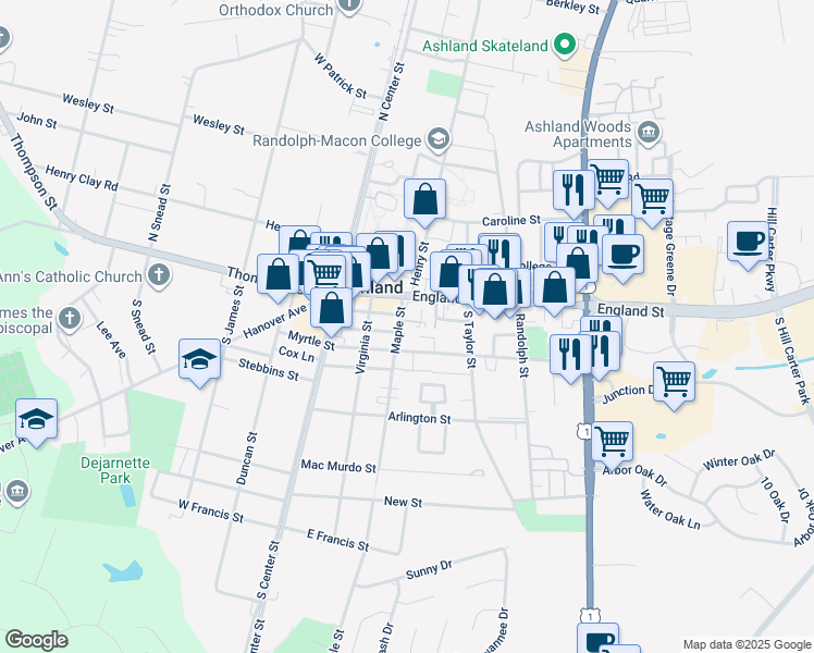 map of restaurants, bars, coffee shops, grocery stores, and more near 201 Maple Street in Ashland