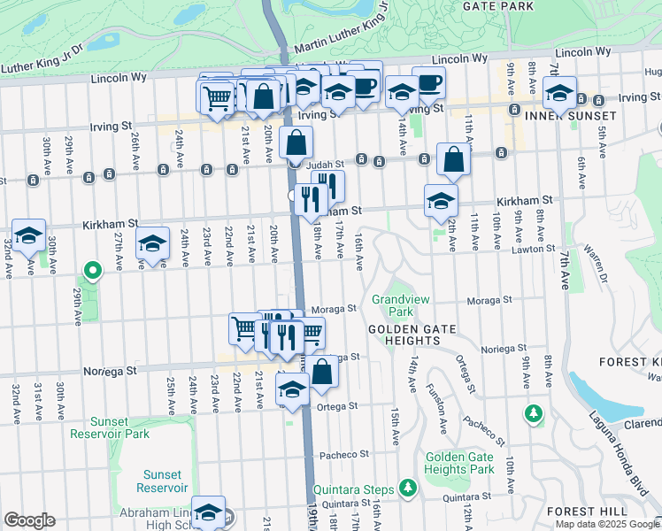 map of restaurants, bars, coffee shops, grocery stores, and more near 1125 Lawton Street in San Francisco