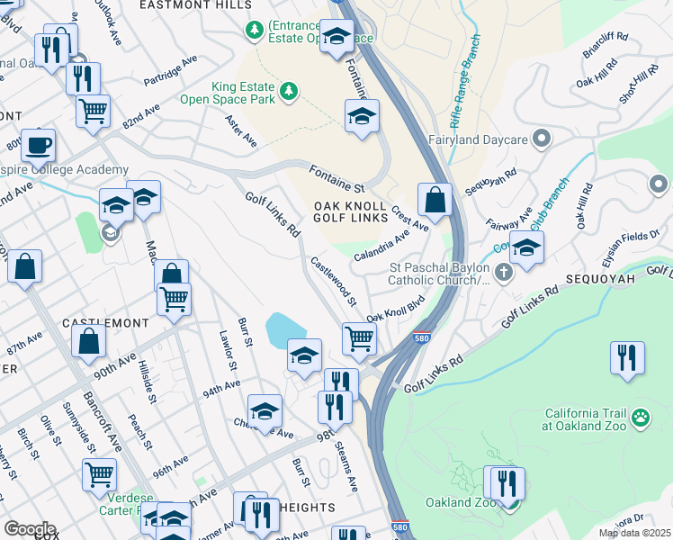 map of restaurants, bars, coffee shops, grocery stores, and more near 9090 Castlewood Street in Oakland