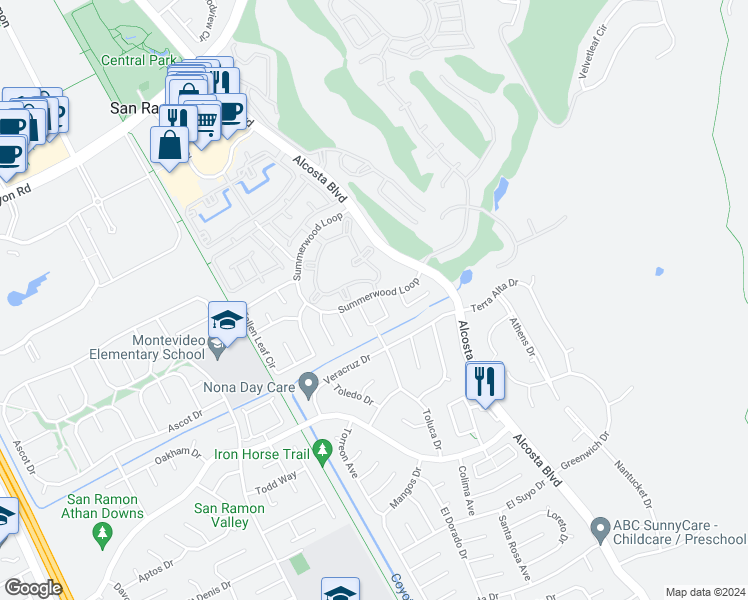 map of restaurants, bars, coffee shops, grocery stores, and more near 200 Summerford Circle in San Ramon