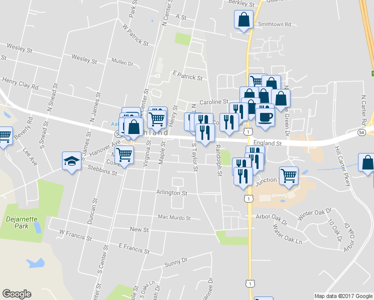 map of restaurants, bars, coffee shops, grocery stores, and more near 313 Robinson Street in Ashland
