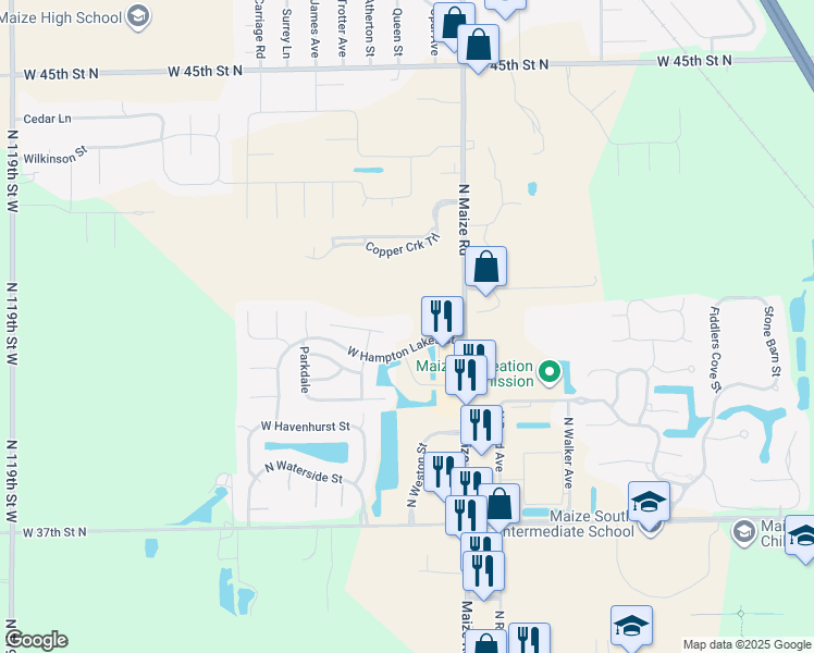 map of restaurants, bars, coffee shops, grocery stores, and more near 10750 West Hampton Lakes Street in Maize