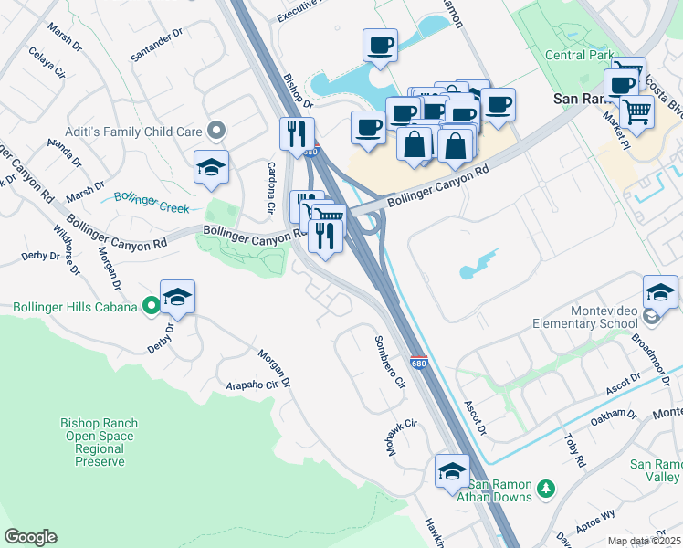map of restaurants, bars, coffee shops, grocery stores, and more near 18090 San Ramon Valley Boulevard in San Ramon