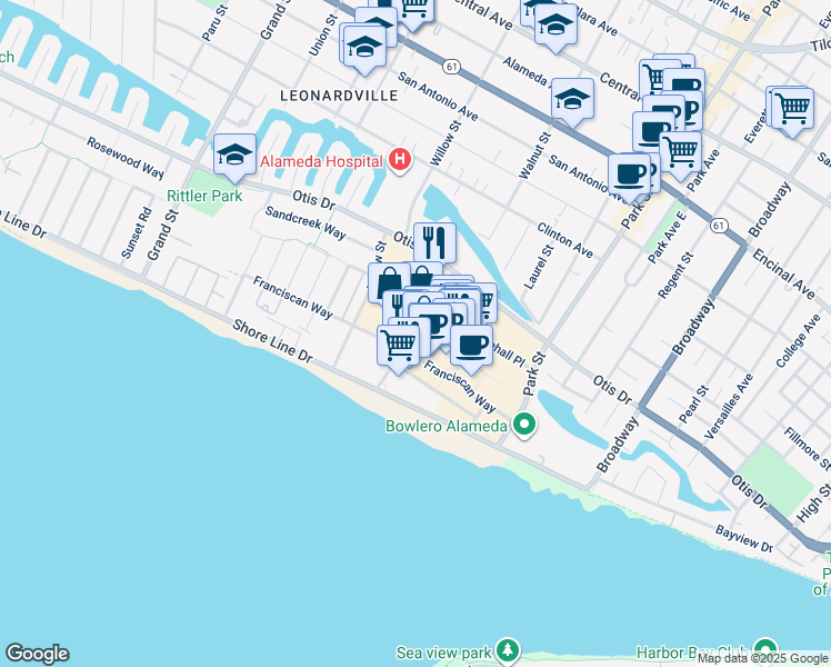 map of restaurants, bars, coffee shops, grocery stores, and more near 2201 South Shore Center in Alameda