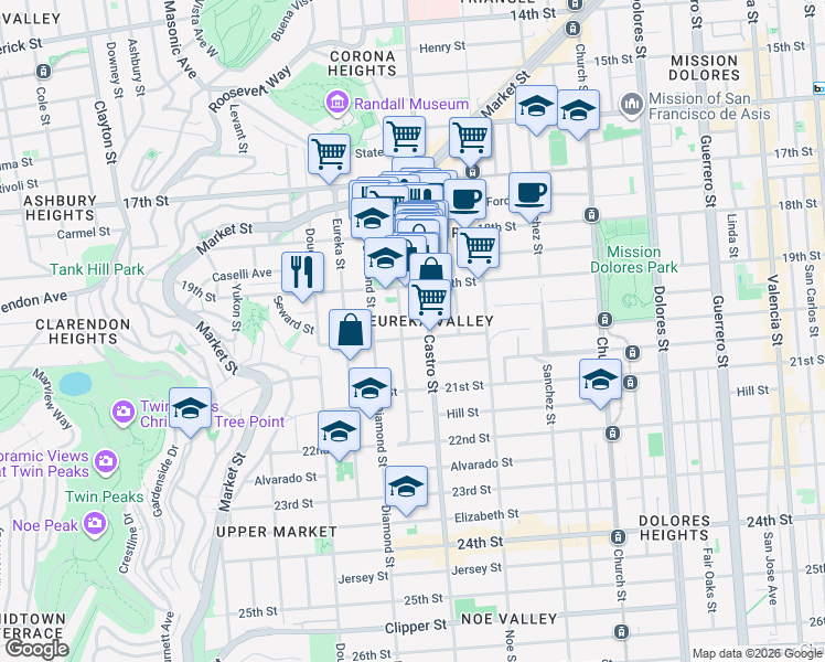 map of restaurants, bars, coffee shops, grocery stores, and more near 274 Collingwood Street in San Francisco