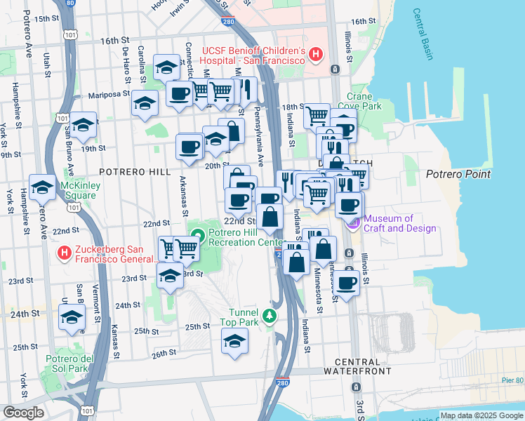map of restaurants, bars, coffee shops, grocery stores, and more near 690 Pennsylvania Avenue in San Francisco