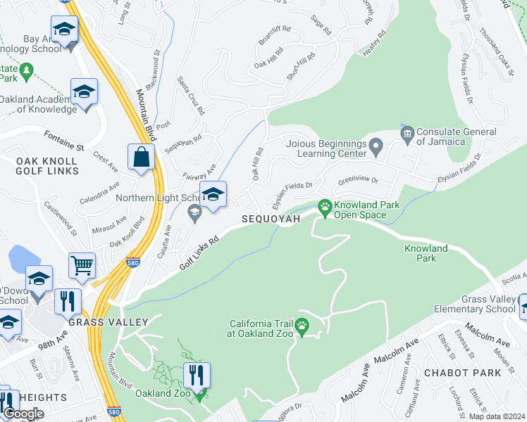 map of restaurants, bars, coffee shops, grocery stores, and more near 3910 Oak Hill Road in Oakland