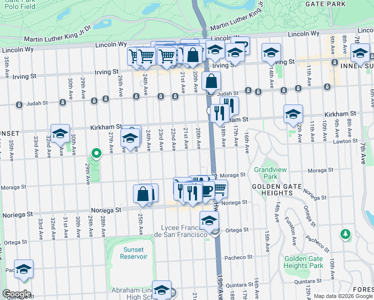 map of restaurants, bars, coffee shops, grocery stores, and more near 21st Ave & Lawton St in San Francisco
