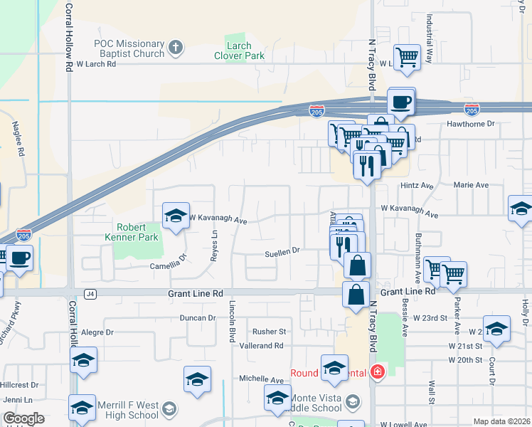 map of restaurants, bars, coffee shops, grocery stores, and more near 1361 West Kavanagh Avenue in Tracy