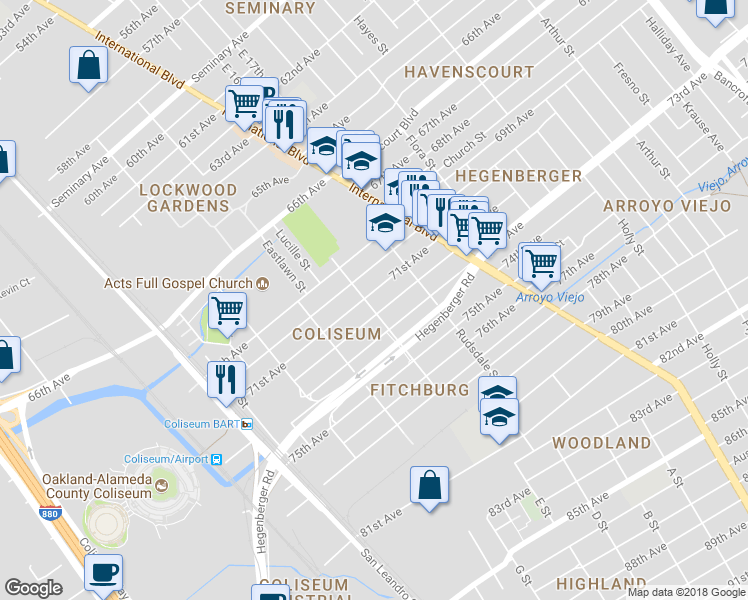 map of restaurants, bars, coffee shops, grocery stores, and more near 1110 71st Avenue in Oakland