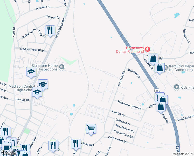 map of restaurants, bars, coffee shops, grocery stores, and more near 9040 Beginnings Way in Richmond