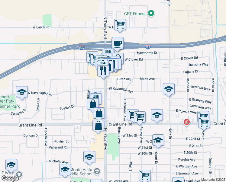 map of restaurants, bars, coffee shops, grocery stores, and more near 512 West Kavanagh Avenue in Tracy