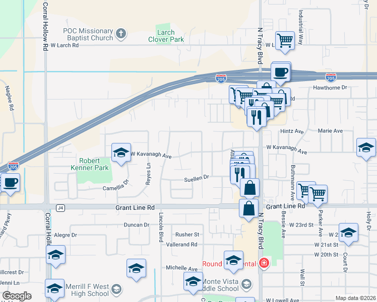 map of restaurants, bars, coffee shops, grocery stores, and more near 1361 West Kavanagh Avenue in Tracy
