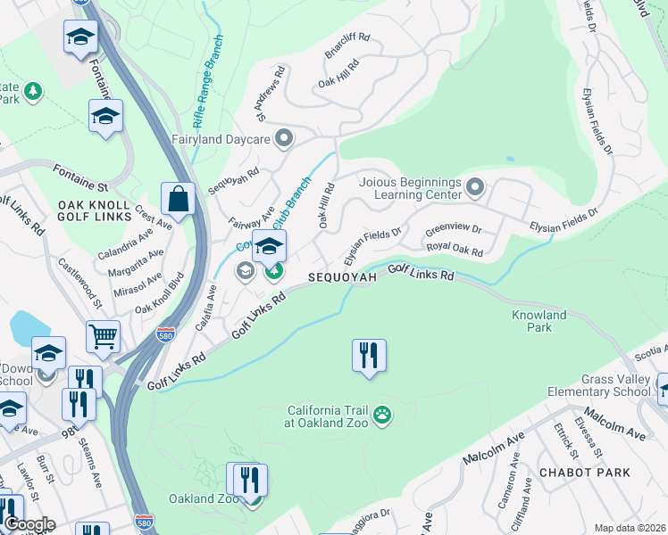 map of restaurants, bars, coffee shops, grocery stores, and more near 3925 Oak Hill Road in Oakland