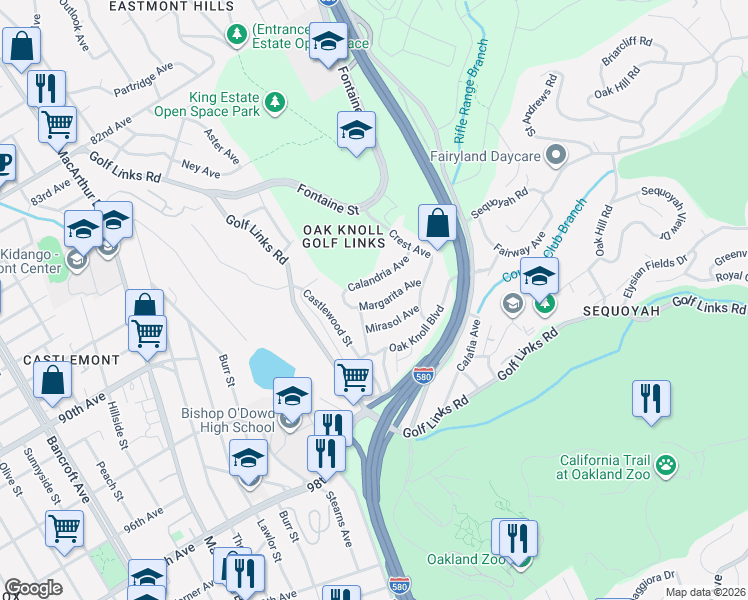 map of restaurants, bars, coffee shops, grocery stores, and more near 3445 Margarita Avenue in Oakland