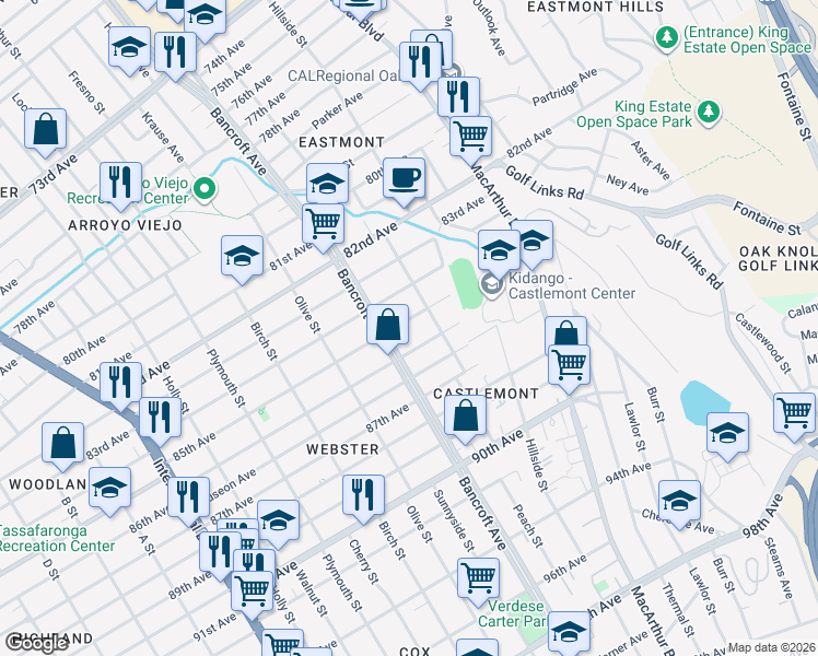 map of restaurants, bars, coffee shops, grocery stores, and more near 2256 85th Avenue in Oakland