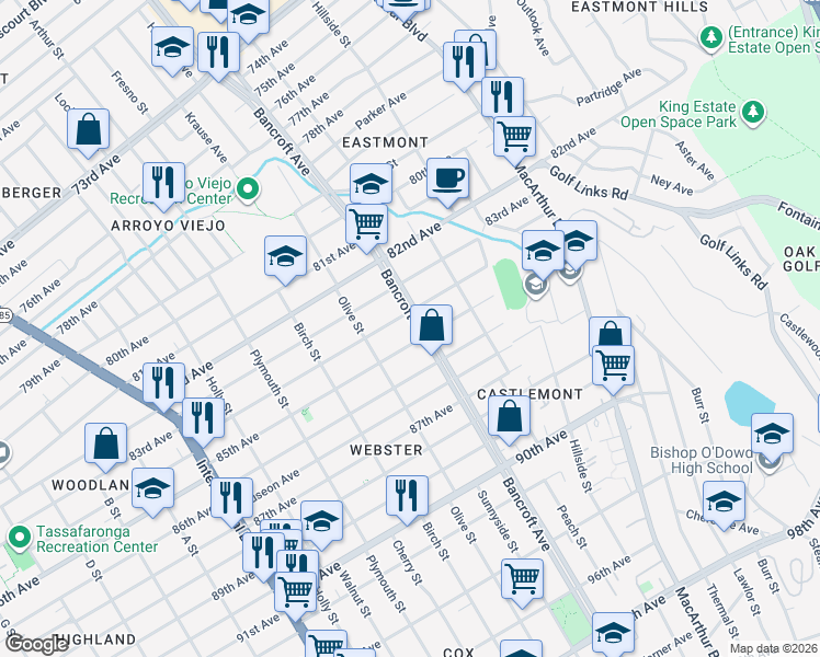 map of restaurants, bars, coffee shops, grocery stores, and more near 8451 Bancroft Avenue in Oakland
