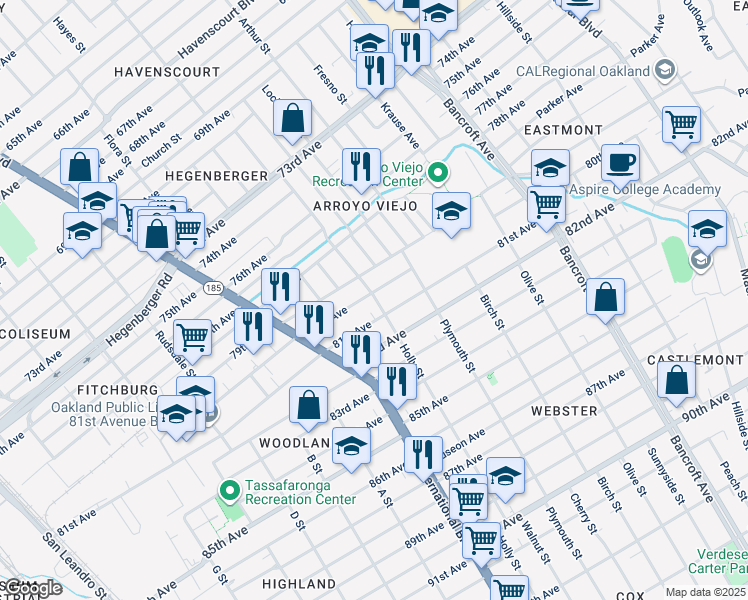 map of restaurants, bars, coffee shops, grocery stores, and more near 1612 80th Avenue in Oakland