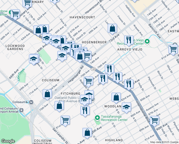 map of restaurants, bars, coffee shops, grocery stores, and more near 7515 International Boulevard in Oakland