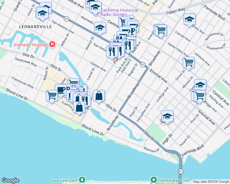 map of restaurants, bars, coffee shops, grocery stores, and more near 1115 Regent Street in Alameda