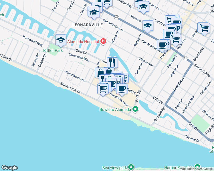 map of restaurants, bars, coffee shops, grocery stores, and more near 2202 S Shore Center in Alameda