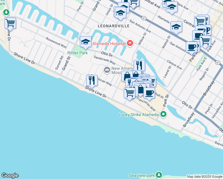 map of restaurants, bars, coffee shops, grocery stores, and more near 2028 Franciscan Way in Alameda