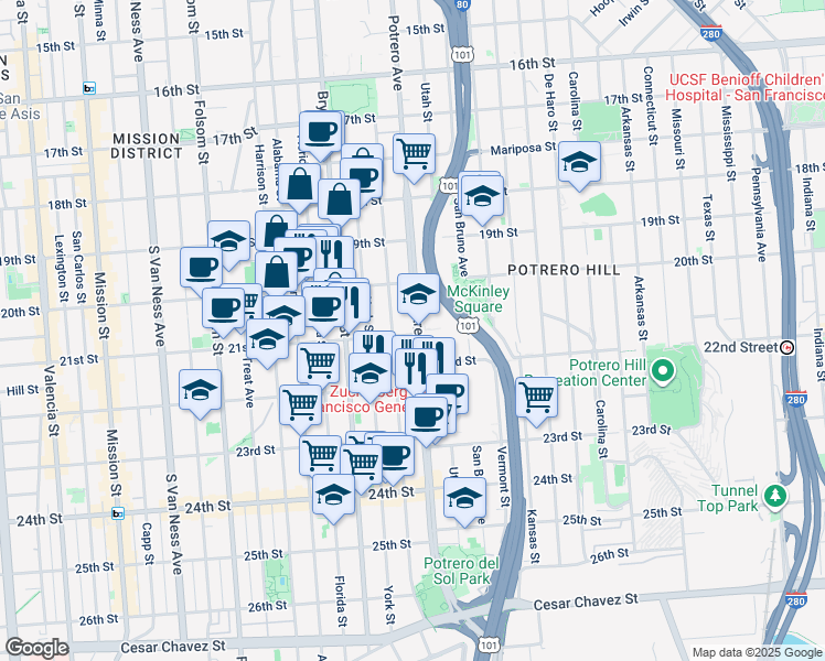 map of restaurants, bars, coffee shops, grocery stores, and more near 2622 21st Street in San Francisco