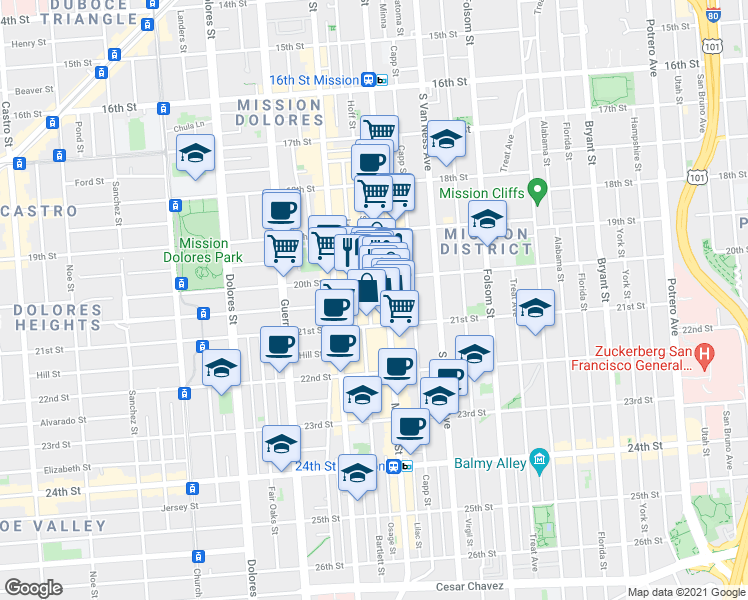 map of restaurants, bars, coffee shops, grocery stores, and more near 2405 Mission Street in San Francisco