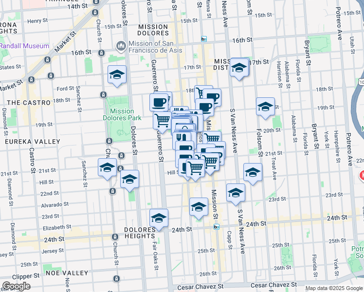 map of restaurants, bars, coffee shops, grocery stores, and more near 929 Valencia Street in San Francisco