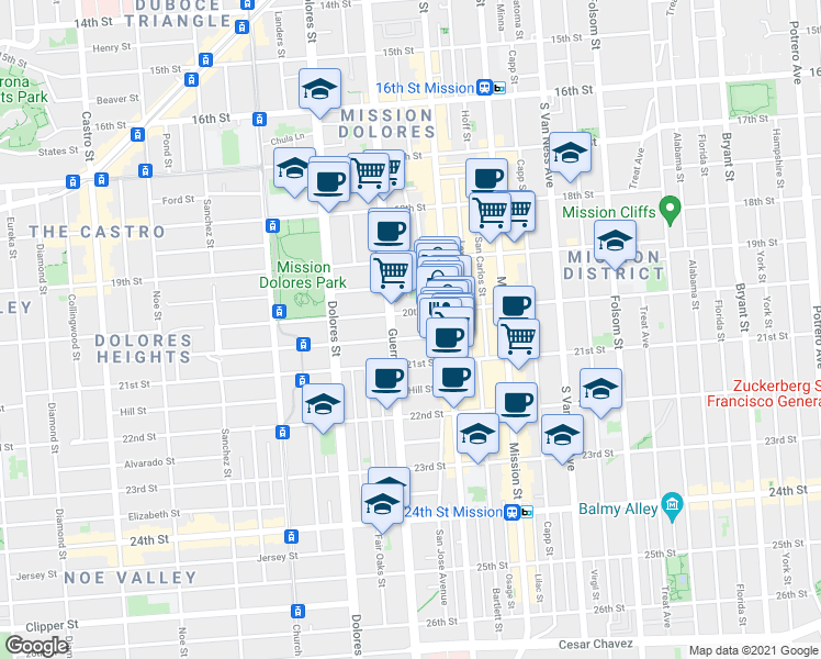 map of restaurants, bars, coffee shops, grocery stores, and more near 58 Liberty Street in San Francisco