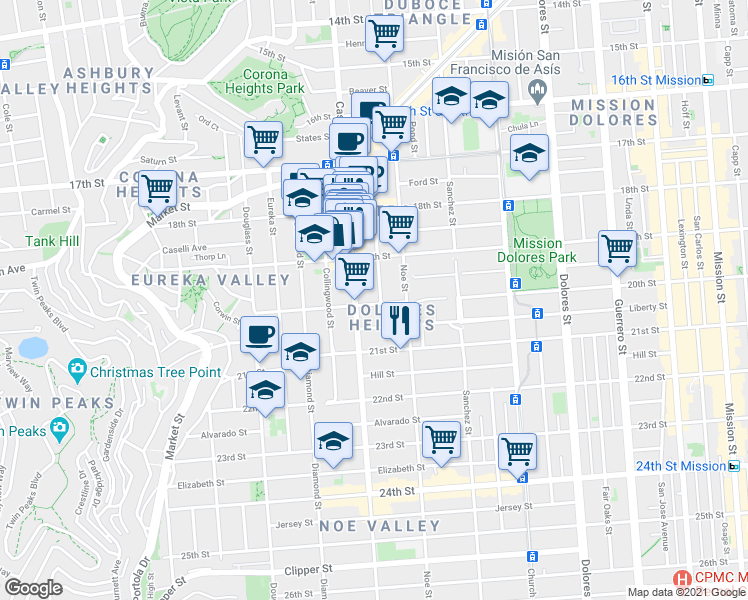 map of restaurants, bars, coffee shops, grocery stores, and more near in San Francisco