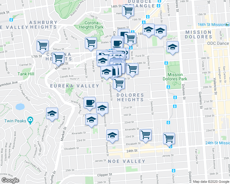 map of restaurants, bars, coffee shops, grocery stores, and more near 274 Collingwood Street in San Francisco