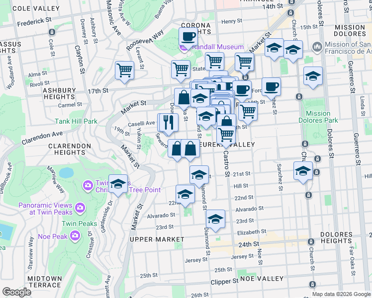 map of restaurants, bars, coffee shops, grocery stores, and more near 271 Eureka Street in San Francisco
