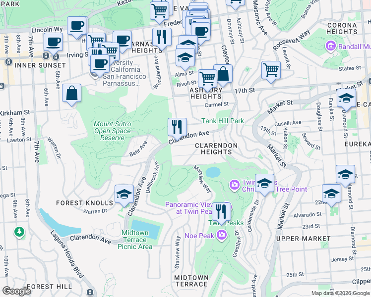 map of restaurants, bars, coffee shops, grocery stores, and more near 89 Mountain Spring Avenue in San Francisco