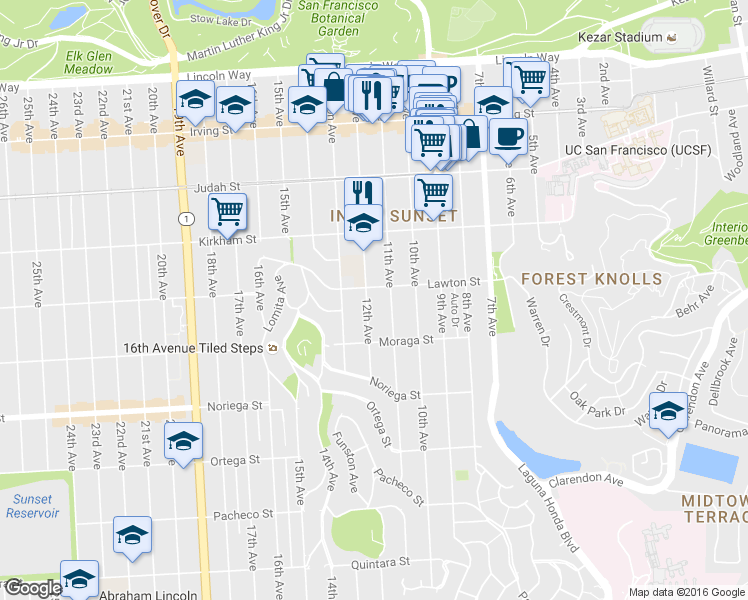 map of restaurants, bars, coffee shops, grocery stores, and more near 1610 12th Avenue in San Francisco