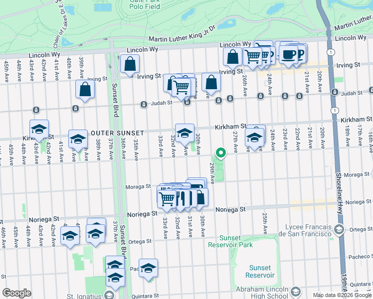 map of restaurants, bars, coffee shops, grocery stores, and more near 1567 31st Avenue in San Francisco