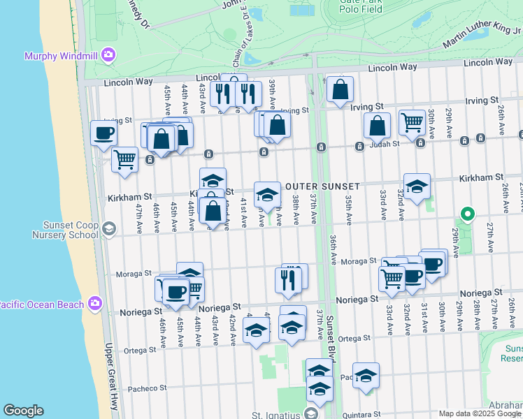 map of restaurants, bars, coffee shops, grocery stores, and more near 1546 40th Avenue in San Francisco