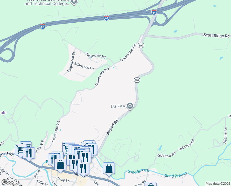 map of restaurants, bars, coffee shops, grocery stores, and more near 563 Airport Road in Beaver