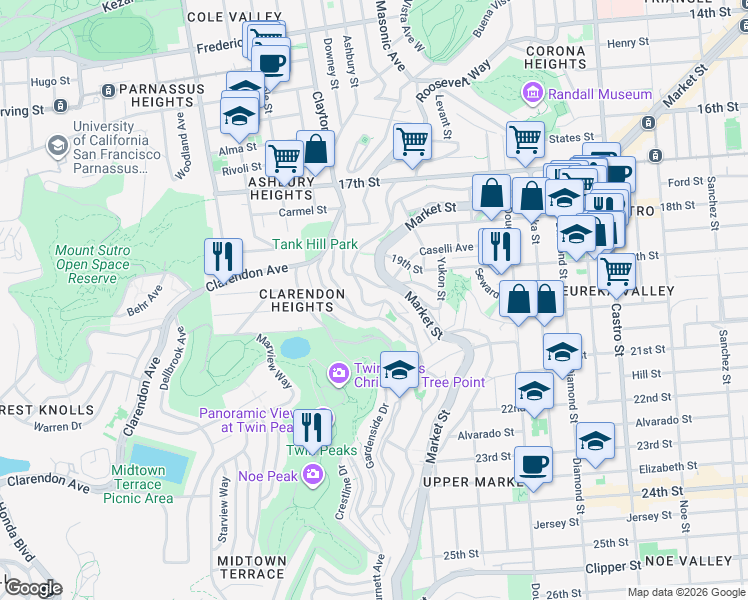 map of restaurants, bars, coffee shops, grocery stores, and more near 477 Corbett Avenue in San Francisco