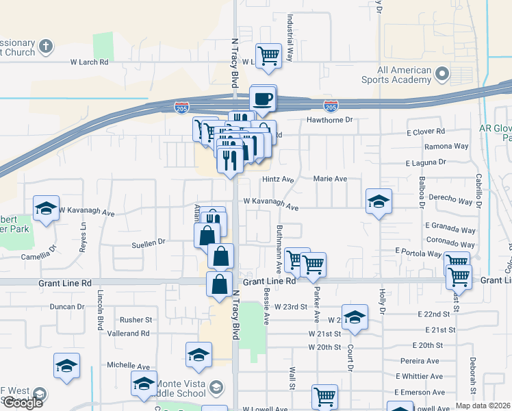 map of restaurants, bars, coffee shops, grocery stores, and more near 2897 Sunset Way in Tracy