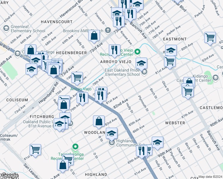 map of restaurants, bars, coffee shops, grocery stores, and more near 1545 80th Avenue in Oakland